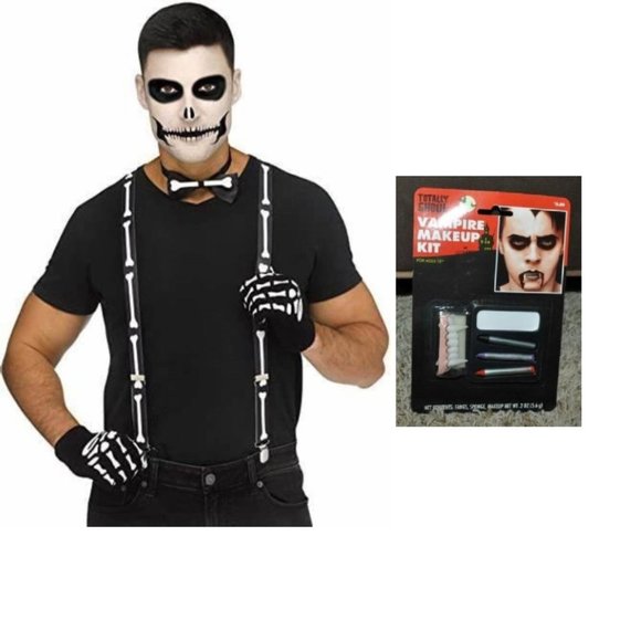 Skeleton Kit 14+ Bow Tie, Suspenders, Gloves, Makeup 5 Pc Halloween Accessory - Picture 1 of 6